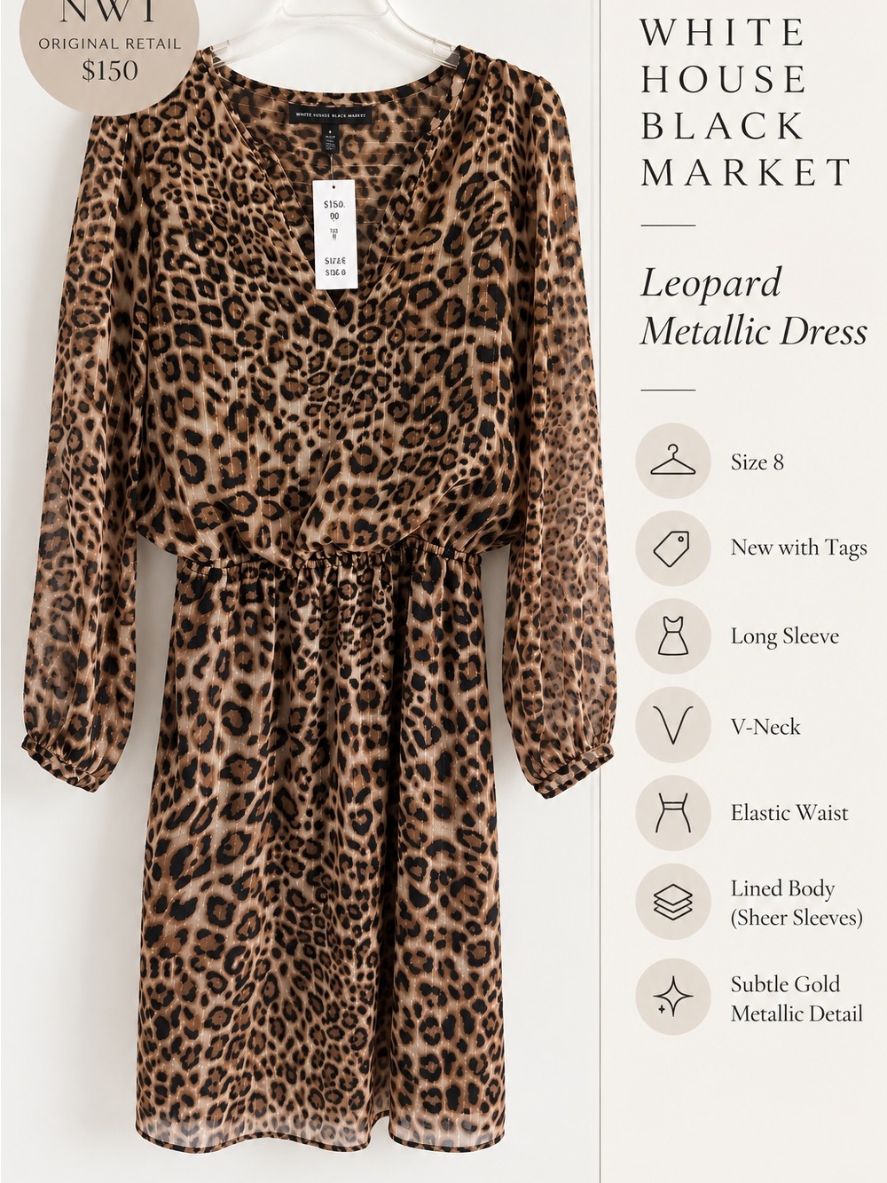 White House Black Market Leopard Print Long Sleeve Dress - Brown/Tan